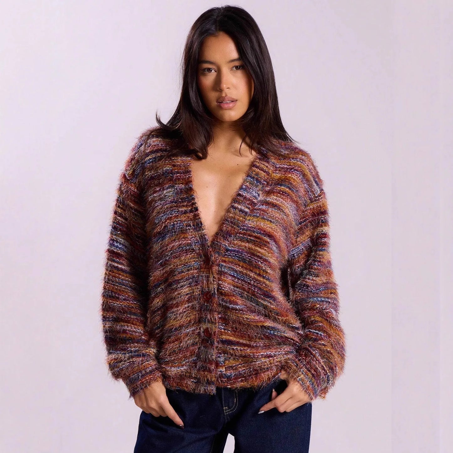 Women’s Rainbow Knit Cardigan – Soft Plush Deep V-Neck Vintage Long Sleeve Sweater