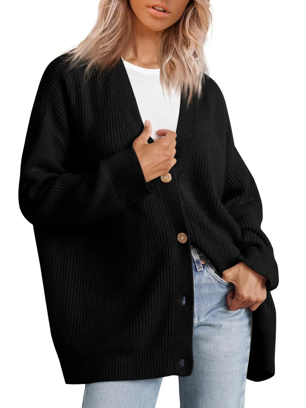 Women's Oversized V-Neck Knit Cardigan – Lightweight Button Front Fall Sweater