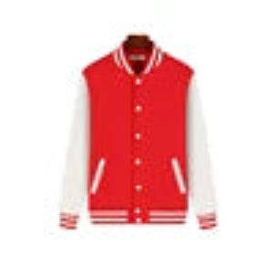 Red varsity jacket with white sleeves on a wooden surface