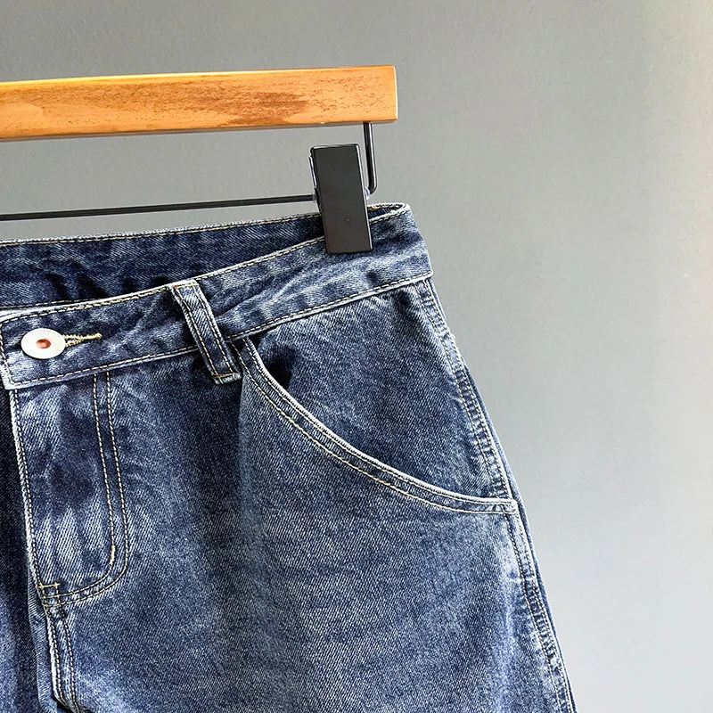 Men’s Tapered Jeans – Streetwear Slim Fit Vintage Denim Pants (Blue)