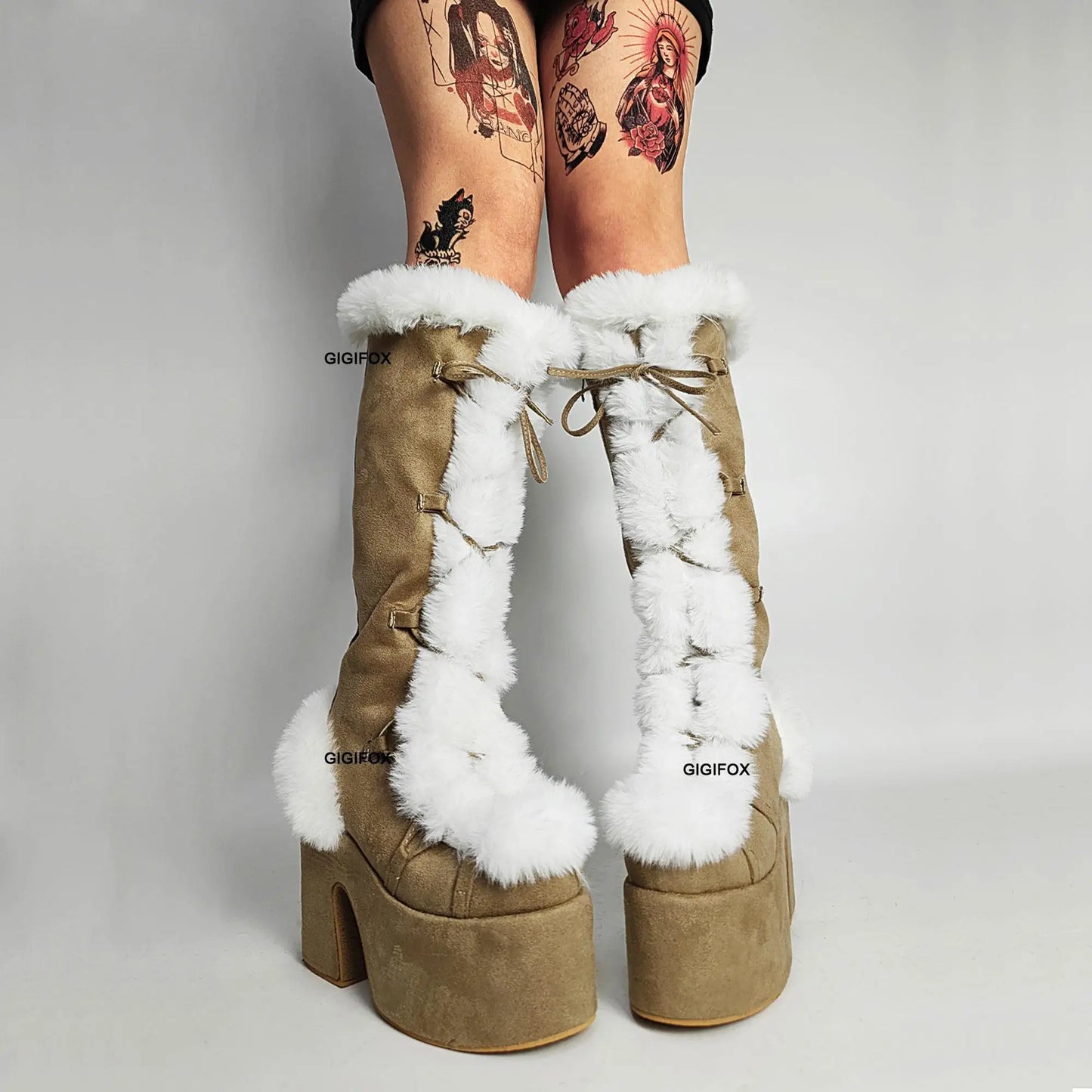 Women Platform Furry Gothic Knee High Boots