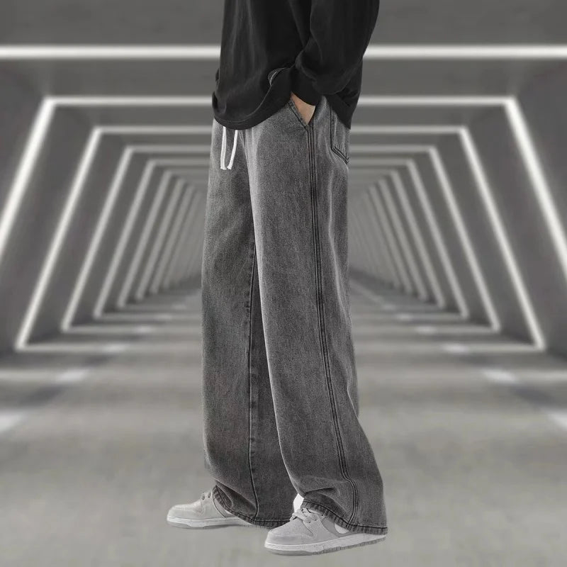 Men’s Straight Wide-Leg Jeans – Korean Casual Solid Color Denim (Light Blue / Grey / Black, Up to 3XL)