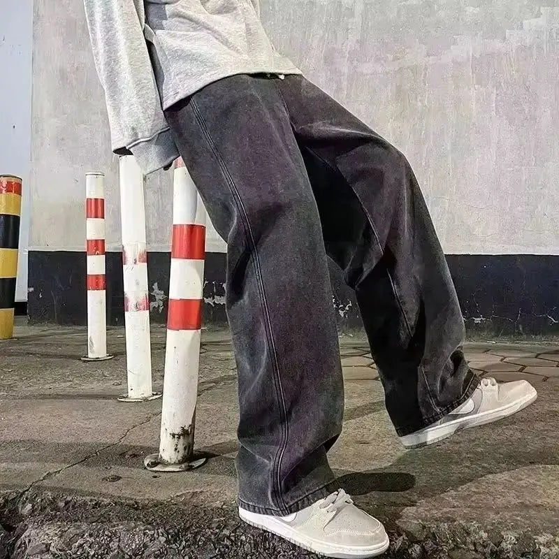 Men’s Loose Fit Streetwear Jeans – Wide Leg Straight Denim Pants with Elastic Waist, Comfortable Solid Color Trousers