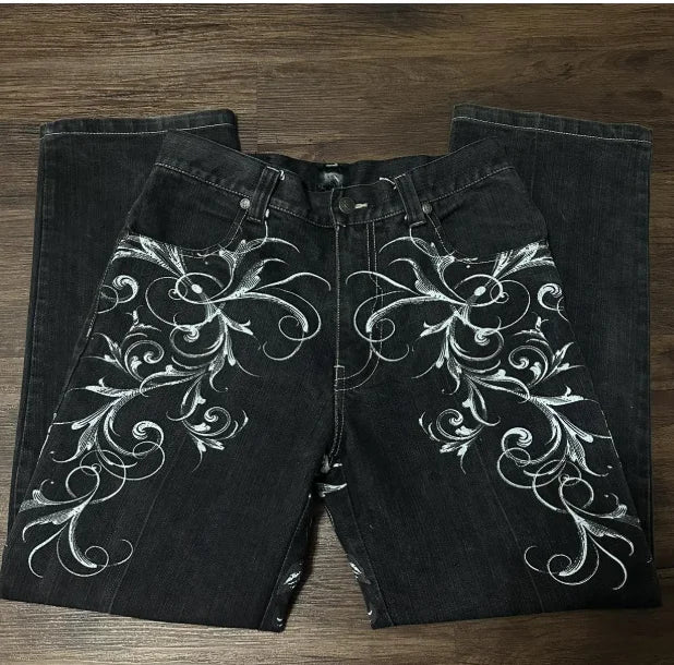 Men’s Embroidered Wide-Leg Jeans – Y2K Hip-Hop Gothic Retro Streetwear Pants