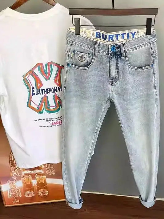 Men’s Embroidered Slim Fit Jeans – Light Blue Summer Straight-Leg Casual Pants (Cropped Length)