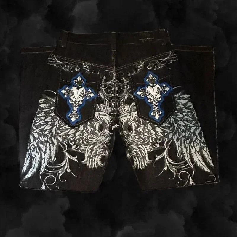 Men’s Embroidered Wide-Leg Jeans – Y2K Hip-Hop Gothic Retro Streetwear Pants