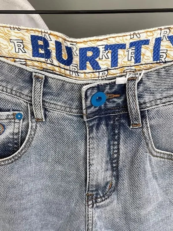 Men’s Embroidered Slim Fit Jeans – Light Blue Summer Straight-Leg Casual Pants (Cropped Length)