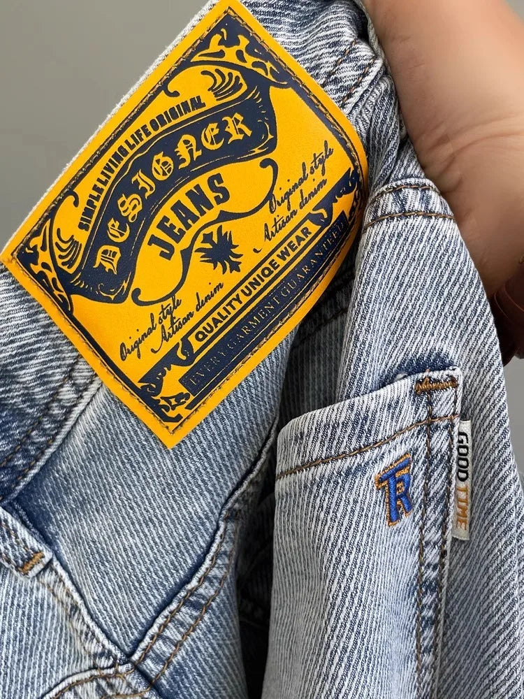 Men’s Embroidered Slim Fit Jeans – Light Blue Summer Straight-Leg Casual Pants (Cropped Length)