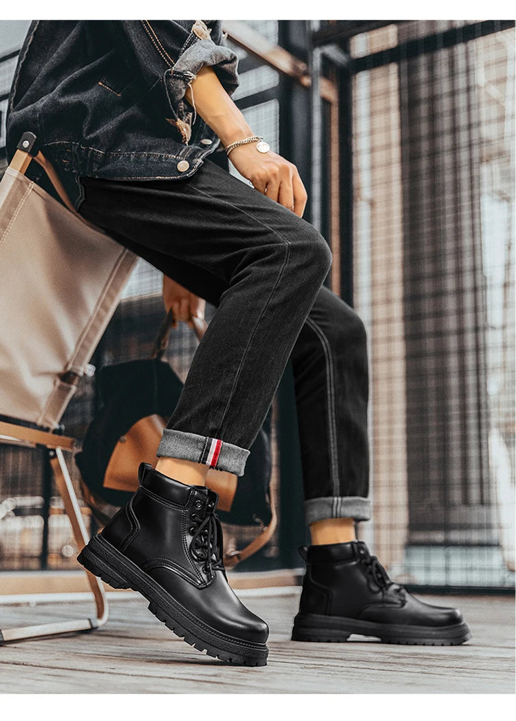 Men Classic Leather Platform Motorcycle Boots