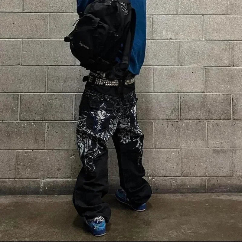 Men’s Embroidered Wide-Leg Jeans – Y2K Hip-Hop Gothic Retro Streetwear Pants