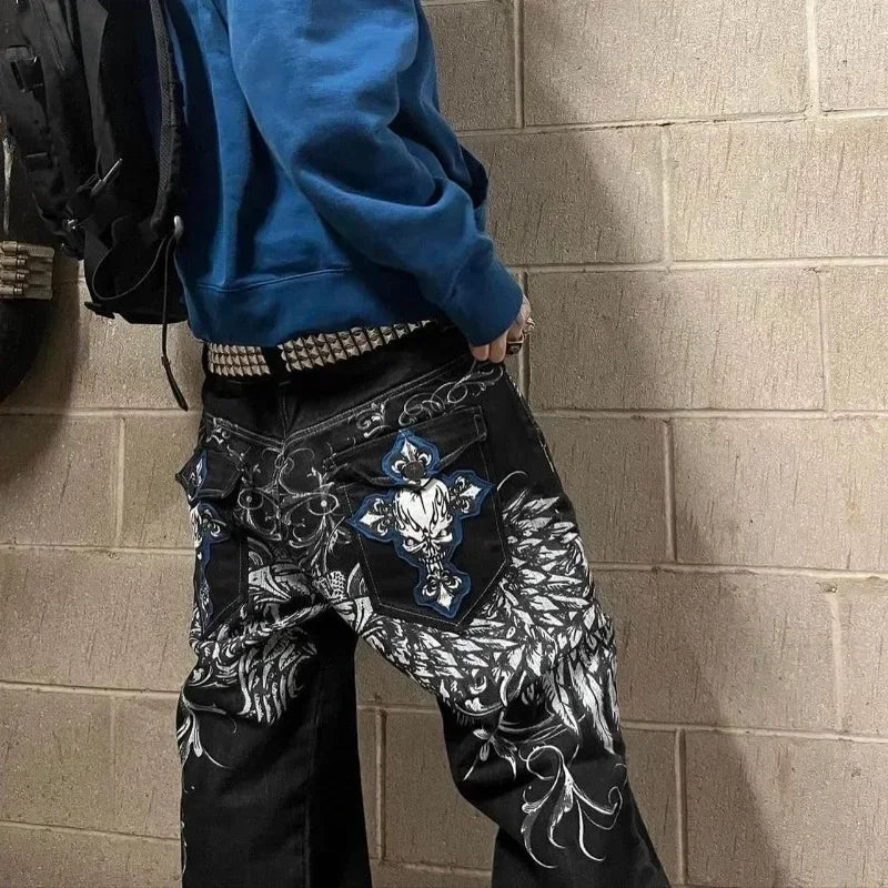 Men’s Embroidered Wide-Leg Jeans – Y2K Hip-Hop Gothic Retro Streetwear Pants