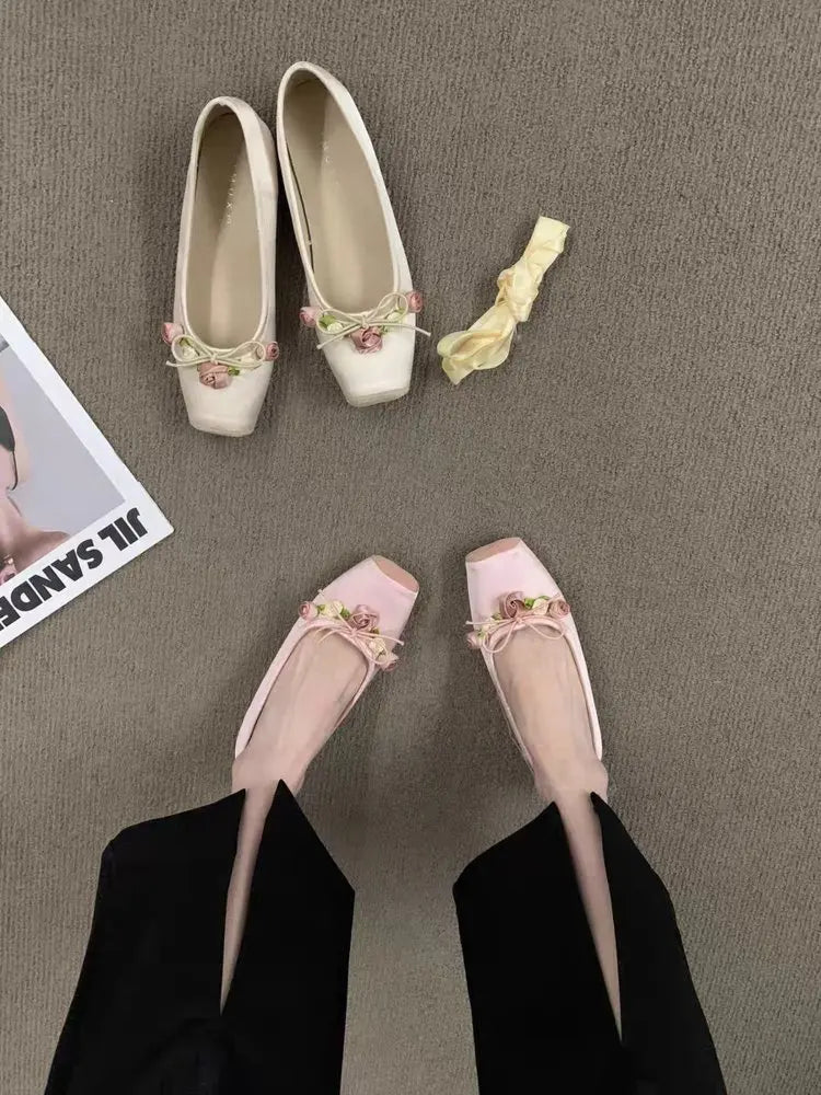 Women Bow Square Toe Mary Jane Flats