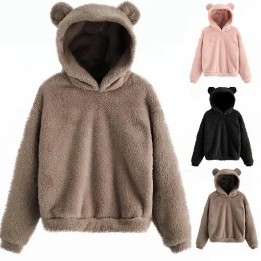Cute Rabbit Ear Plush Hoodie – Warm Winter Long Sleeve Top for Women
