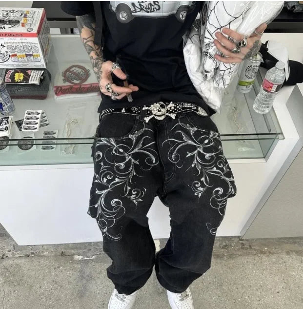 Men’s Embroidered Wide-Leg Jeans – Y2K Hip-Hop Gothic Retro Streetwear Pants