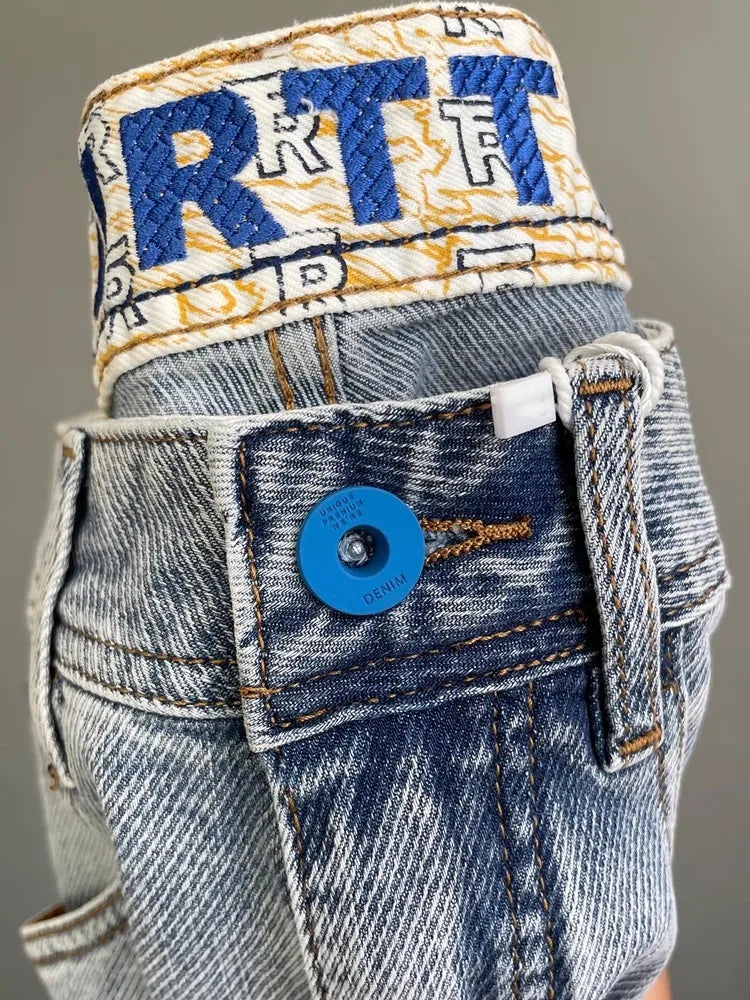 Men’s Embroidered Slim Fit Jeans – Light Blue Summer Straight-Leg Casual Pants (Cropped Length)