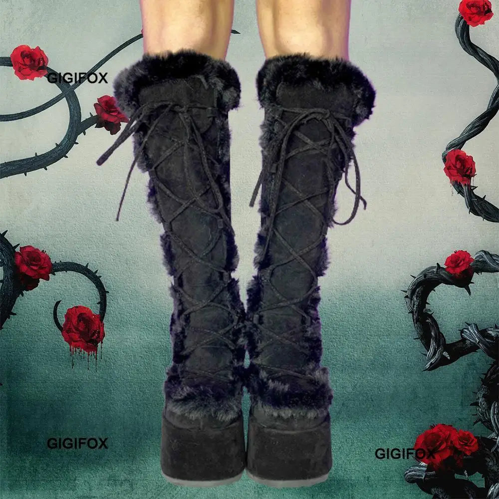 Women Platform Furry Gothic Knee High Boots