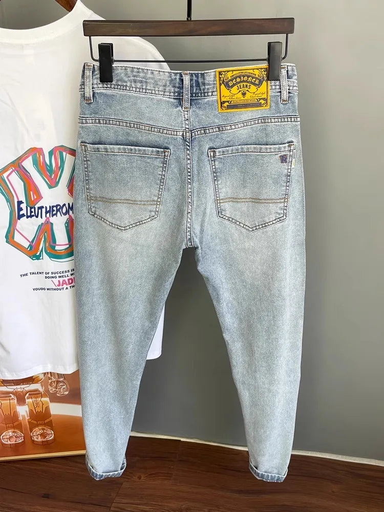 Men’s Embroidered Slim Fit Jeans – Light Blue Summer Straight-Leg Casual Pants (Cropped Length)