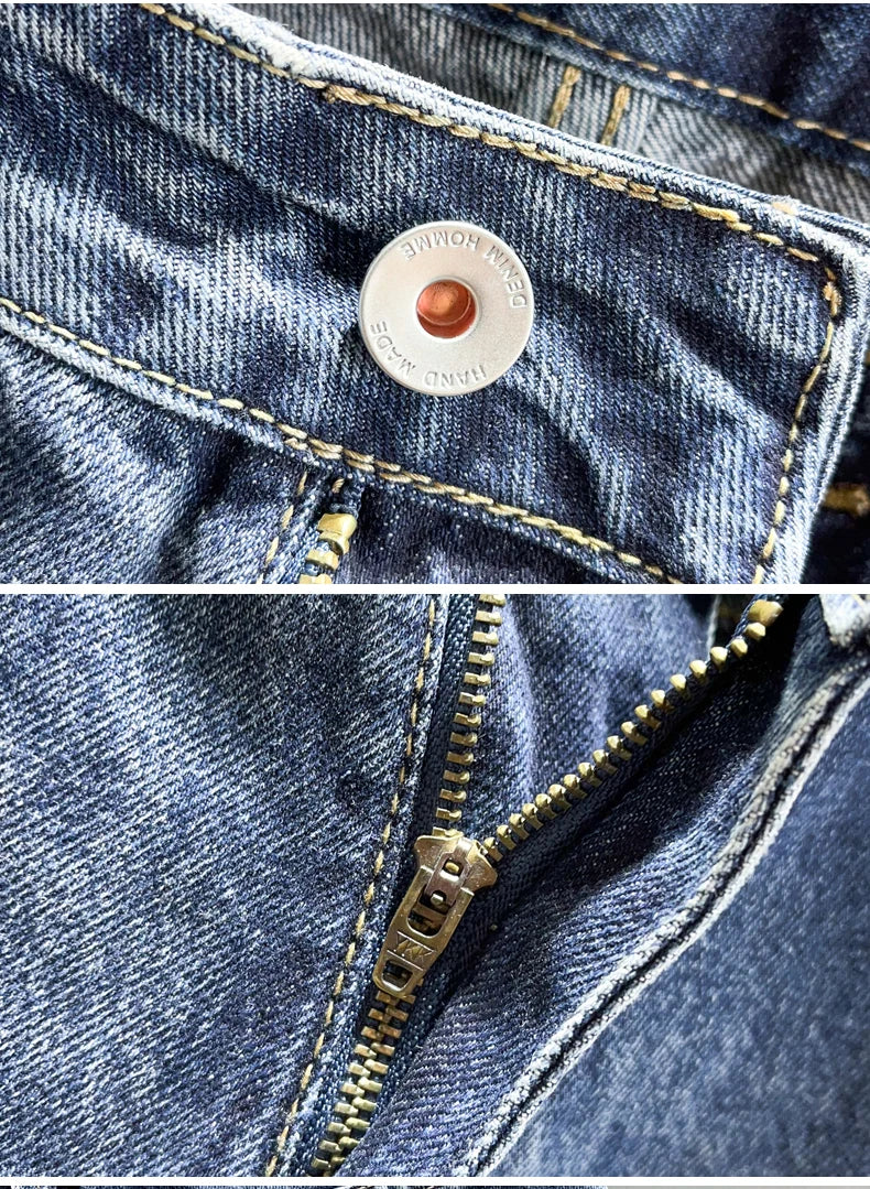 Men’s Tapered Jeans – Streetwear Slim Fit Vintage Denim Pants (Blue)