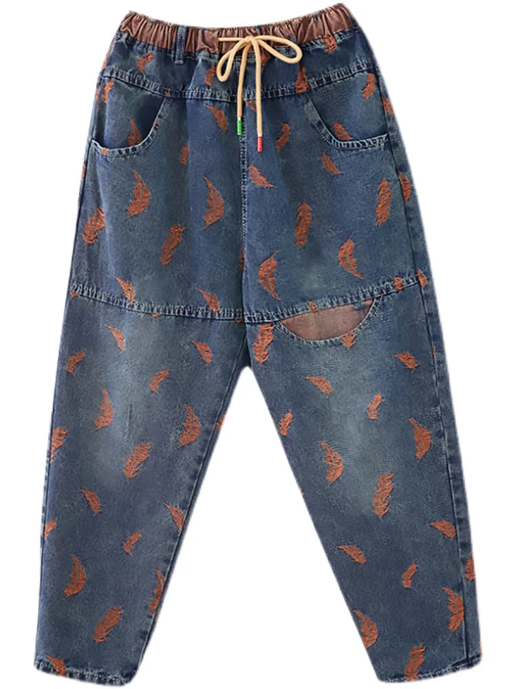 Women’s Feather Embroidered Loose Jeans – Spring Lightweight Denim Pants with Drawstring & Elastic Waist