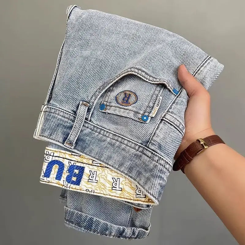 Men’s Embroidered Slim Fit Jeans – Light Blue Summer Straight-Leg Casual Pants (Cropped Length)