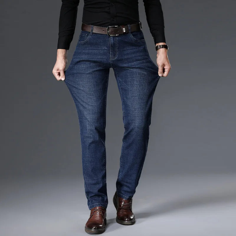 Men’s Straight Stretch Jeans – Classic Blue/Black Casual Business Denim Trousers