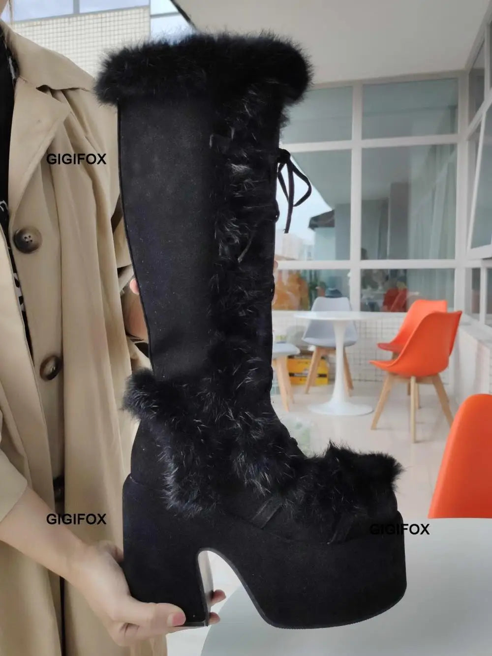 Women Platform Furry Gothic Knee High Boots