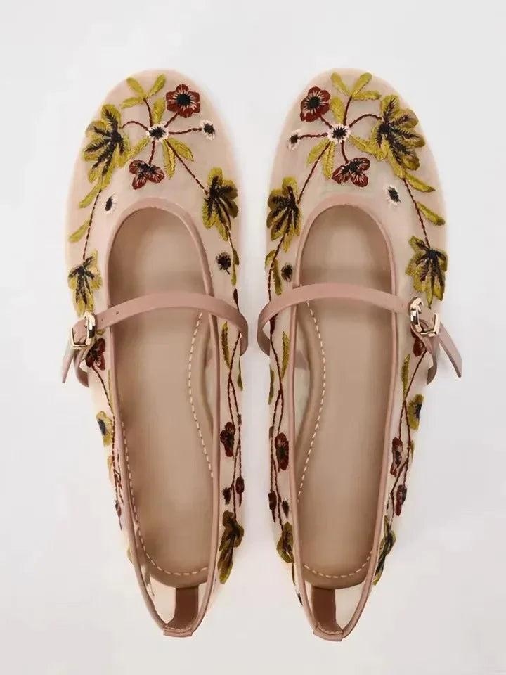 New Mesh Breathable Ballet Flats Women Luxury Designer Embroidered Flower Mary Jane Shoes Light Comfort Low Heeled Summer Flats
