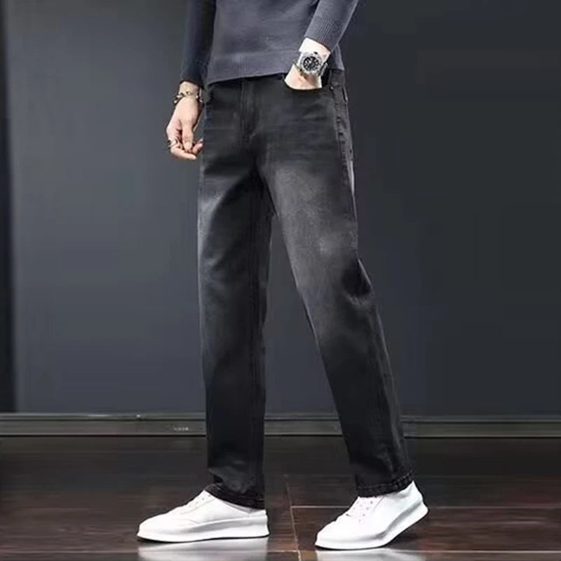 2025 Men’s Slim Straight Stretch Jeans – Dark Gray Wear-Resistant Smart Casual Denim Pants