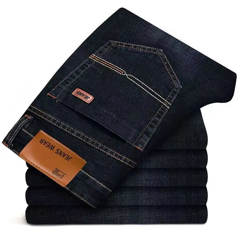 Men’s Straight Stretch Jeans – Classic Blue/Black Casual Business Denim Trousers
