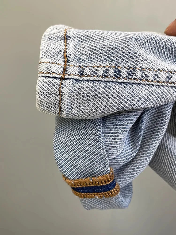 Men’s Embroidered Slim Fit Jeans – Light Blue Summer Straight-Leg Casual Pants (Cropped Length)