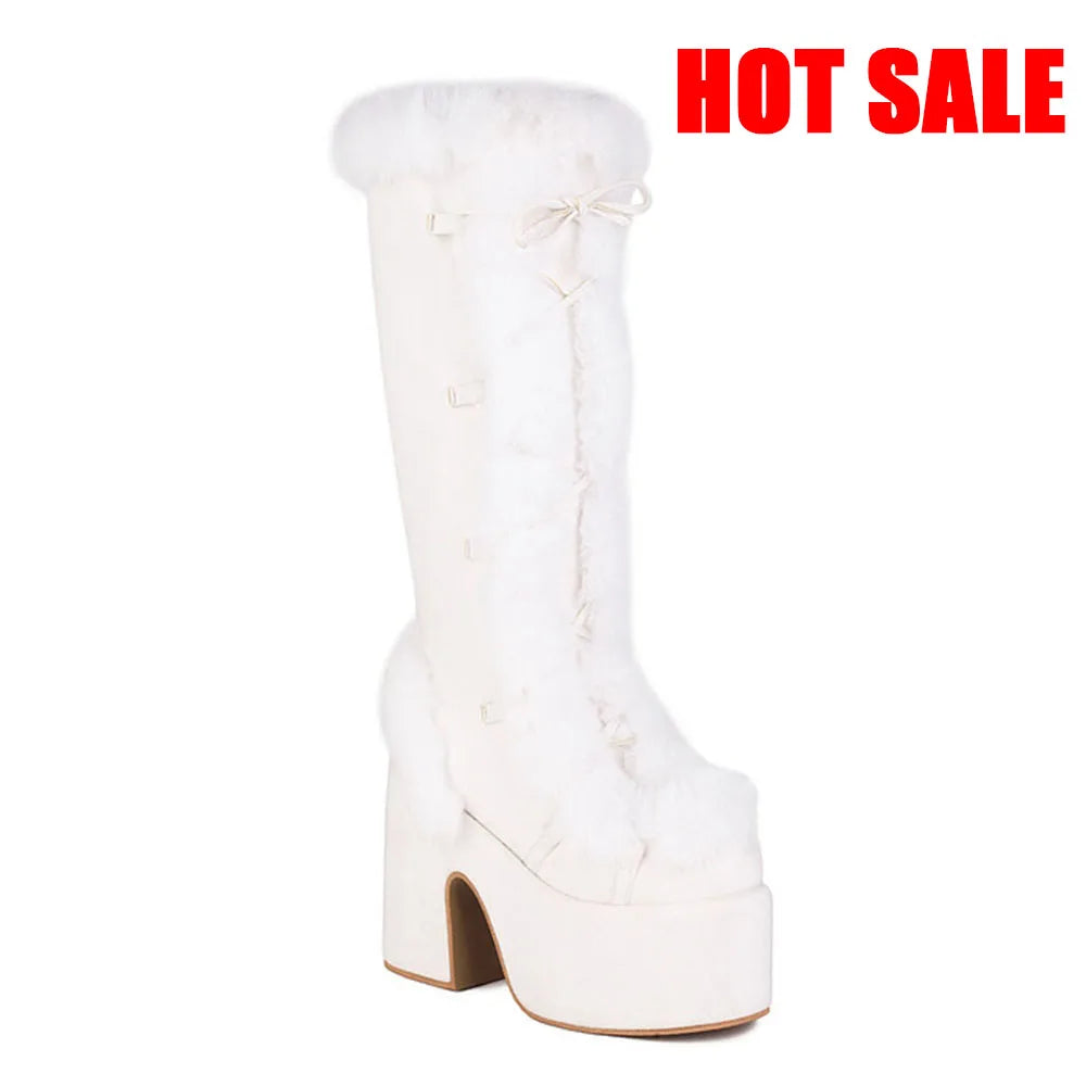 Women Platform Furry Gothic Knee High Boots