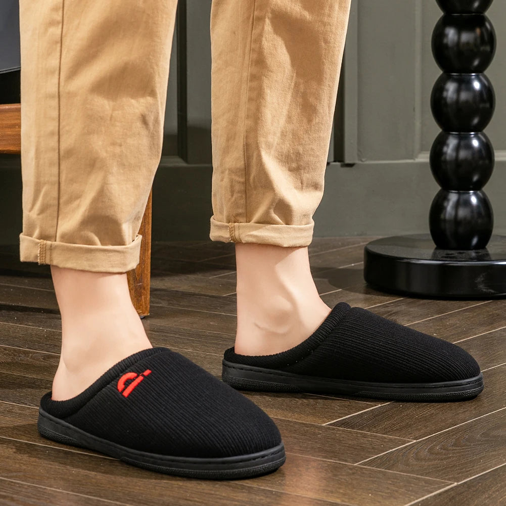 Warm Embroidered  slippers men TPR Memory foam Platform Cushion Soft Non Slip Stripe Comfortable Living Room Shoes High Quality