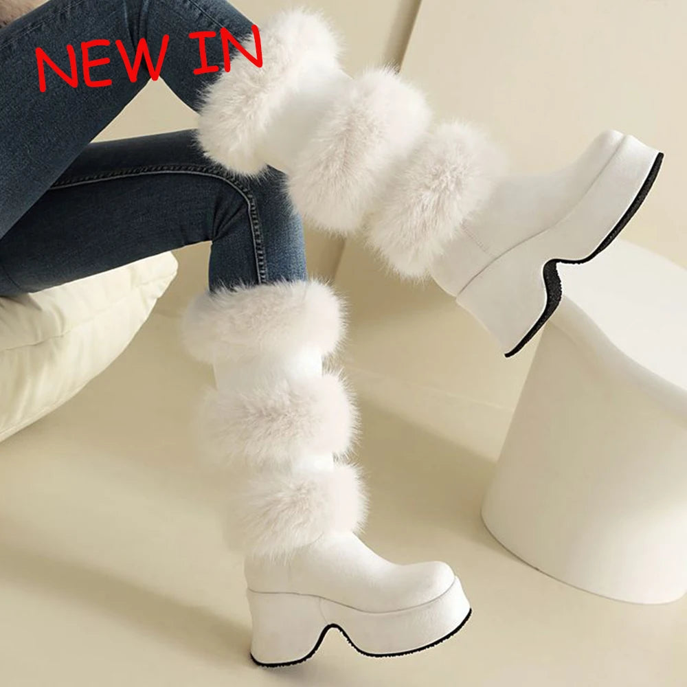 Women Platform Furry Gothic Knee High Boots