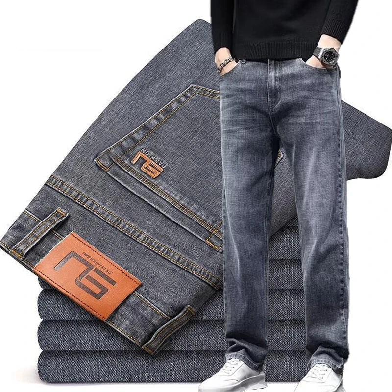 2025 Men’s Slim Straight Stretch Jeans – Dark Gray Wear-Resistant Smart Casual Denim Pants