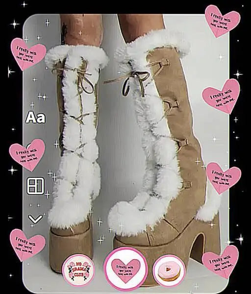 Women Platform Furry Gothic Knee High Boots