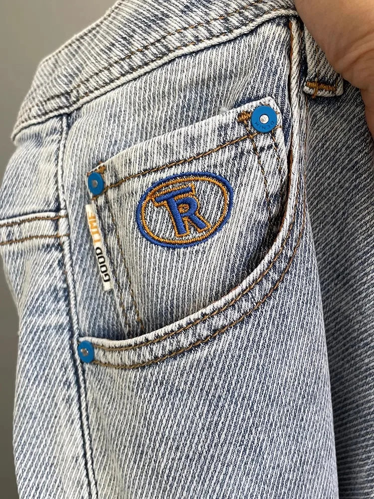 Men’s Embroidered Slim Fit Jeans – Light Blue Summer Straight-Leg Casual Pants (Cropped Length)