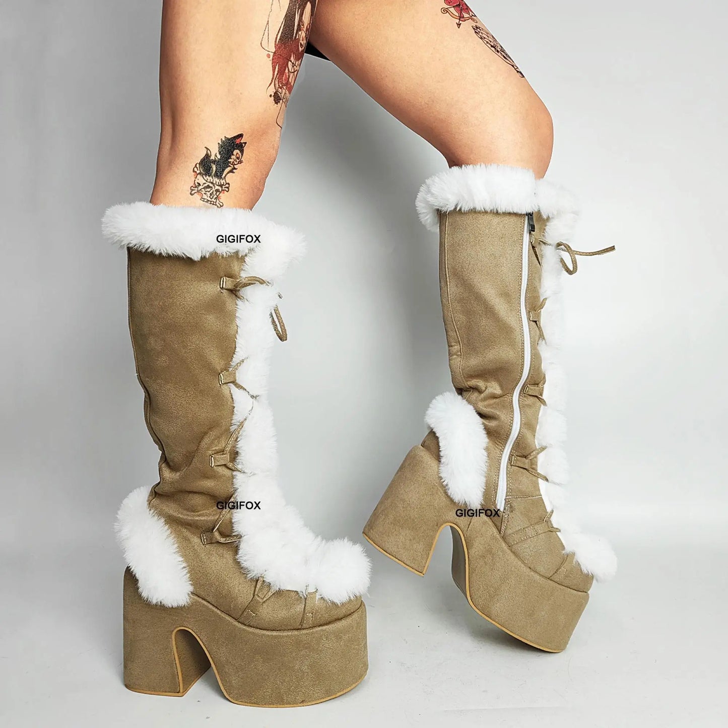 Women Platform Furry Gothic Knee High Boots