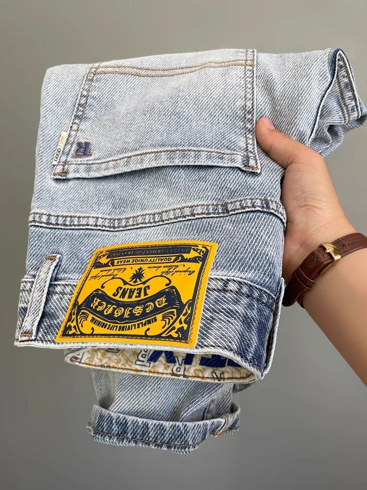 Men’s Embroidered Slim Fit Jeans – Light Blue Summer Straight-Leg Casual Pants (Cropped Length)