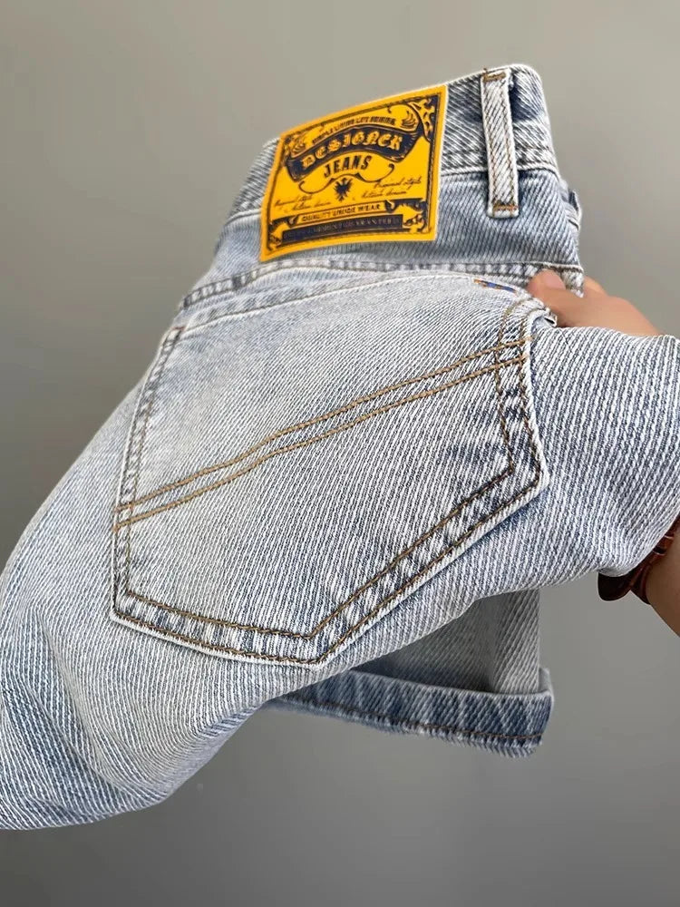 Men’s Embroidered Slim Fit Jeans – Light Blue Summer Straight-Leg Casual Pants (Cropped Length)