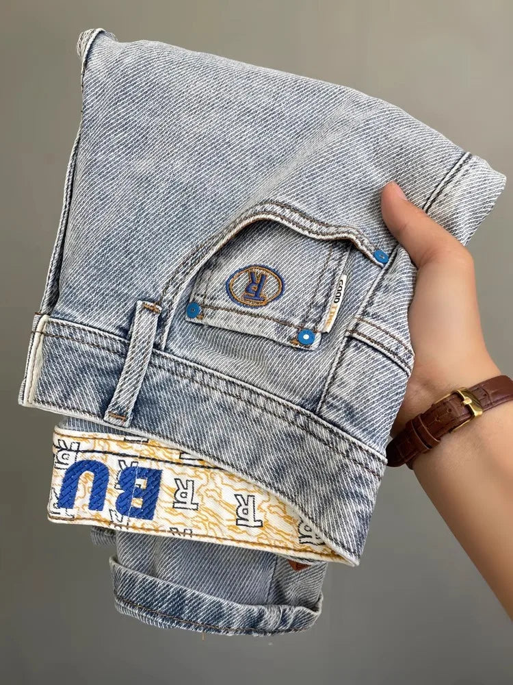 Men’s Embroidered Slim Fit Jeans – Light Blue Summer Straight-Leg Casual Pants (Cropped Length)