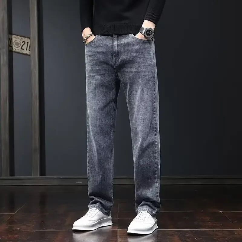 2025 Men’s Slim Straight Stretch Jeans – Dark Gray Wear-Resistant Smart Casual Denim Pants