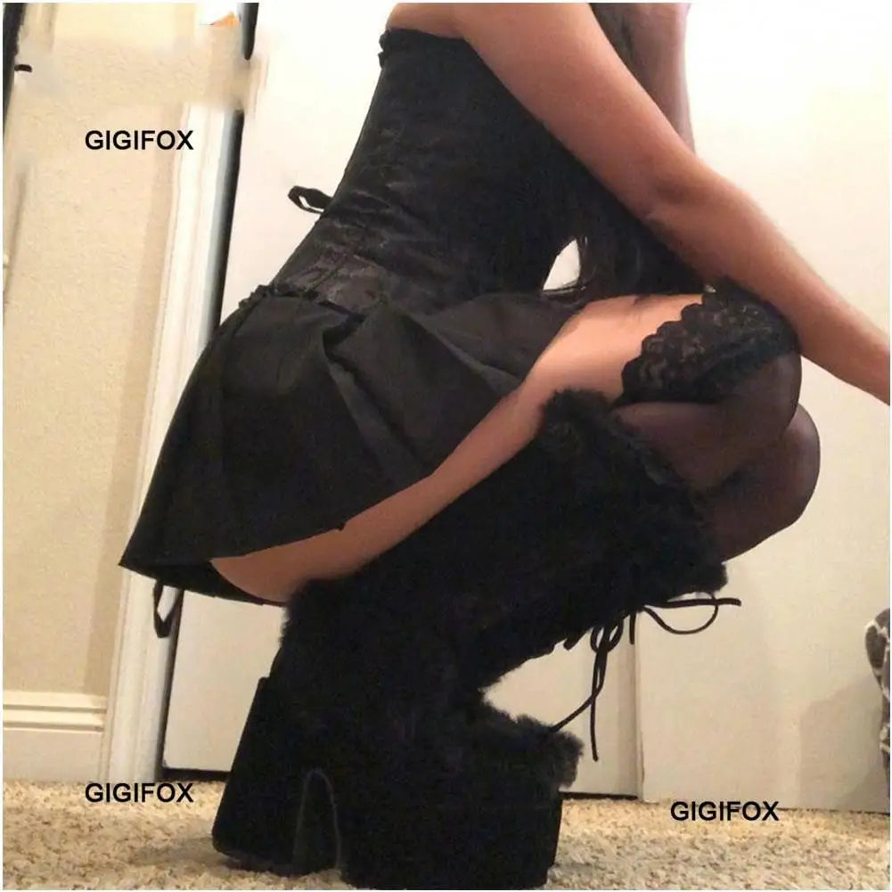 Women Platform Furry Gothic Knee High Boots