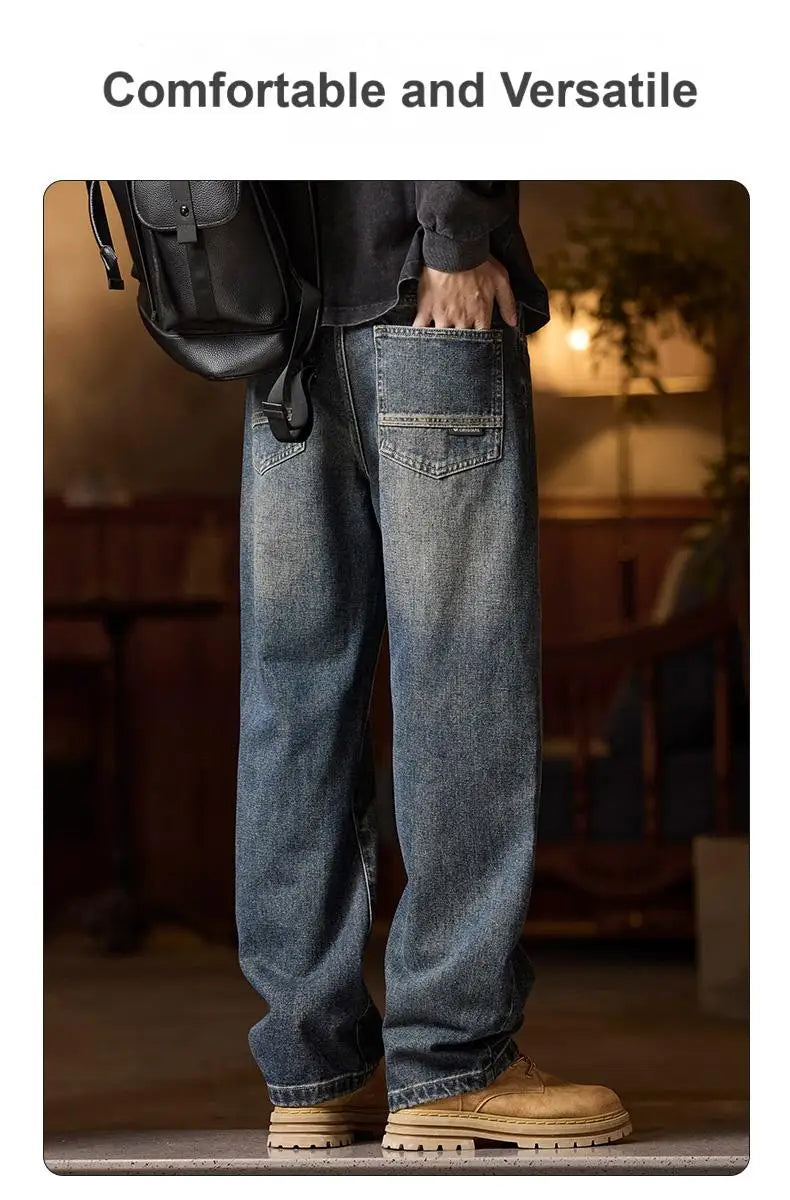 Men’s Relaxed Fit Elastic Waist Jeans – Blue Denim Pants with Zipper & Button