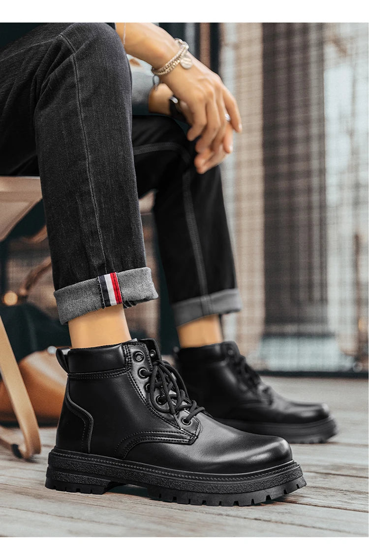 Men Classic Leather Platform Motorcycle Boots