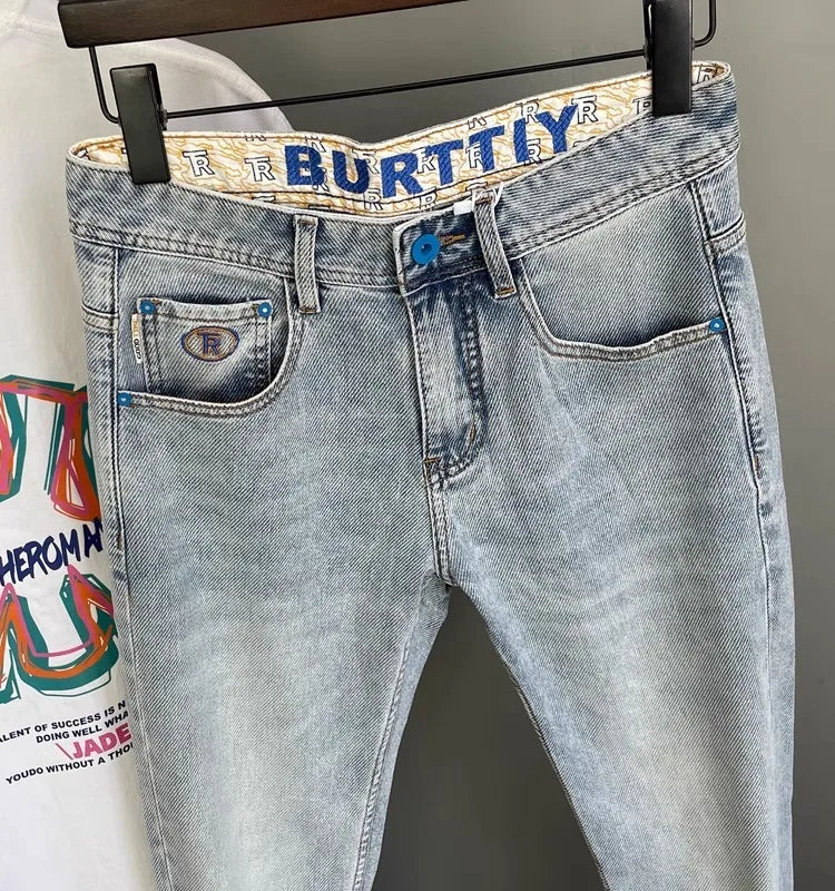 Men’s Embroidered Slim Fit Jeans – Light Blue Summer Straight-Leg Casual Pants (Cropped Length)