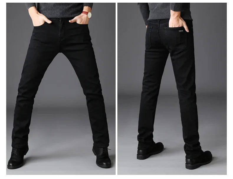 Men’s Classic Stretch Jeans – Soft Black Denim Biker Style Pants, Casual Fashion Trousers for Spring & Autumn