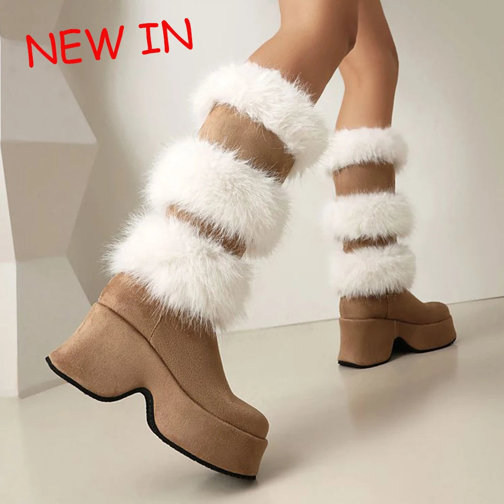 Women Platform Furry Gothic Knee High Boots
