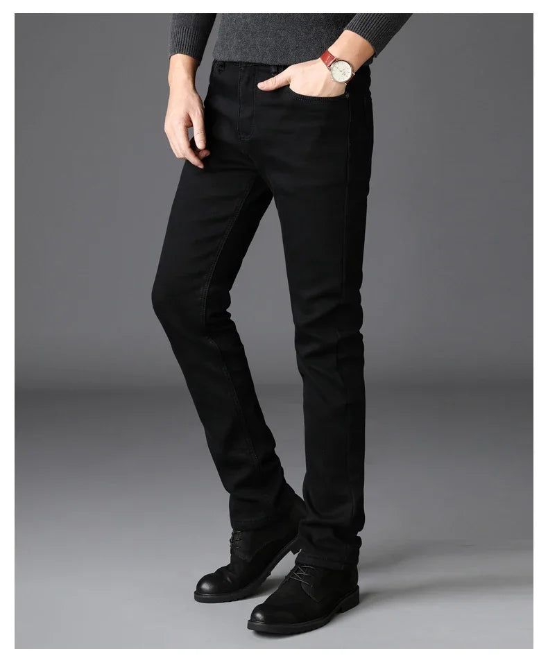 Men’s Classic Stretch Jeans – Soft Black Denim Biker Style Pants, Casual Fashion Trousers for Spring & Autumn