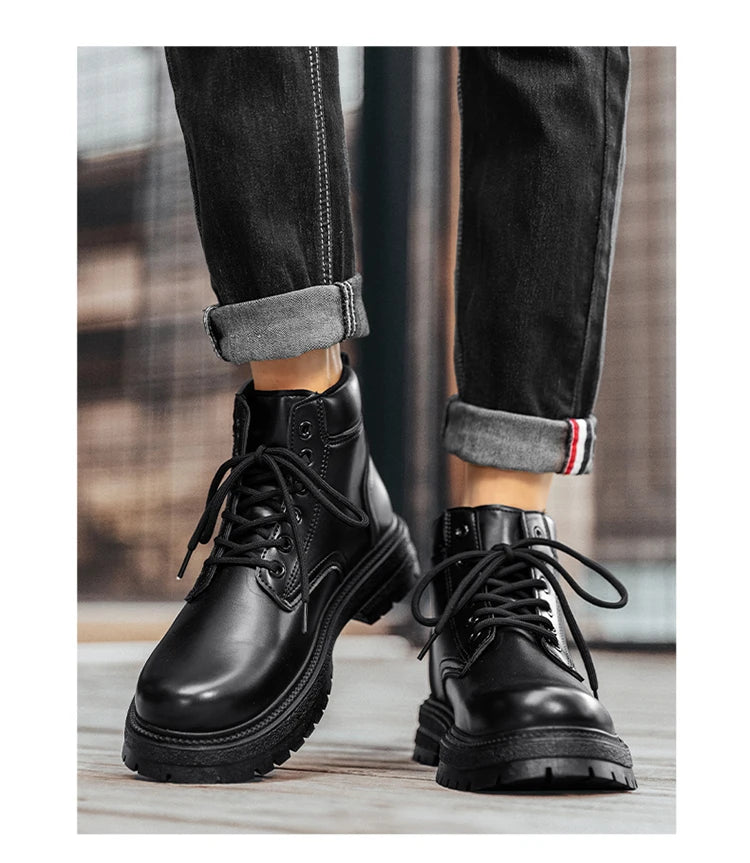 Men Classic Leather Platform Motorcycle Boots