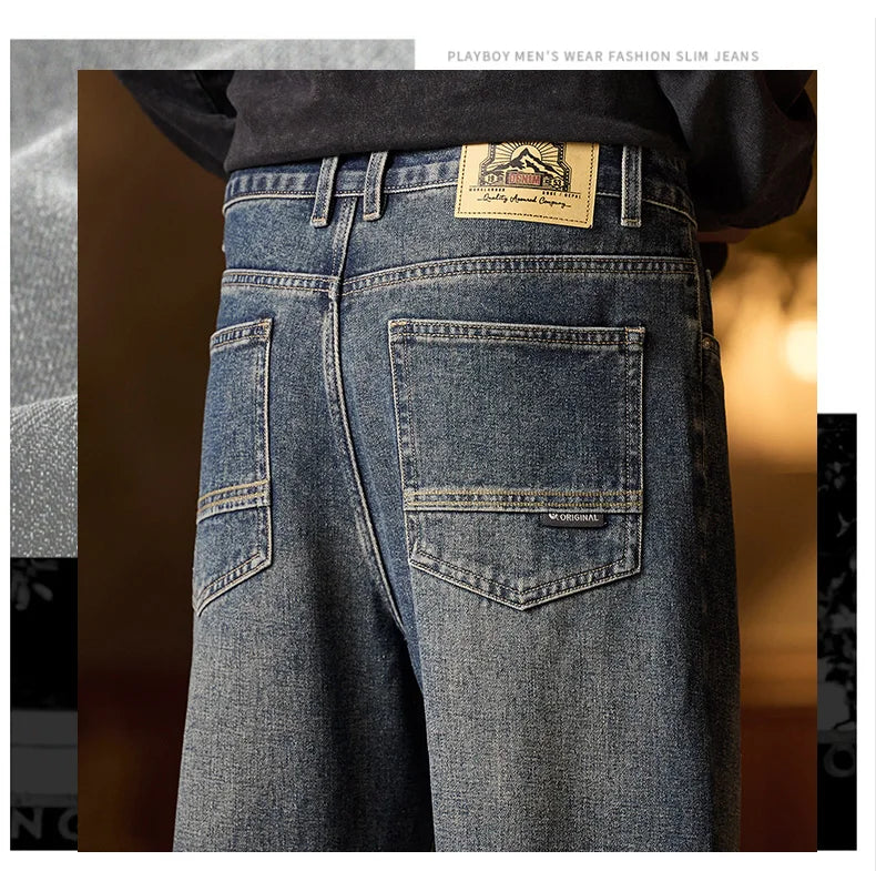 Men’s Relaxed Fit Elastic Waist Jeans – Blue Denim Pants with Zipper & Button